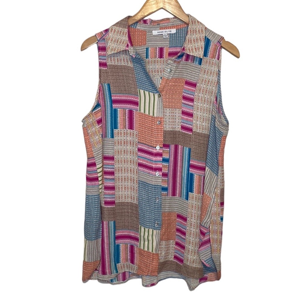 Rose + Olive Patchwork Button Down Sleeveless Top… - image 1